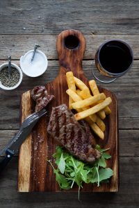 Sirloin Steak, chips and red wine