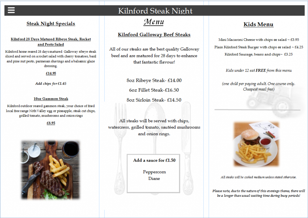 Steak Night Menu Kilnford Farm Shop